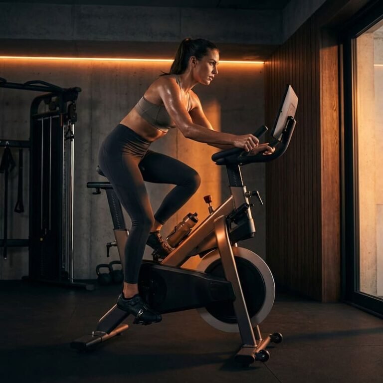 moteris sportuoja su dviračiu treniruokliu namuose