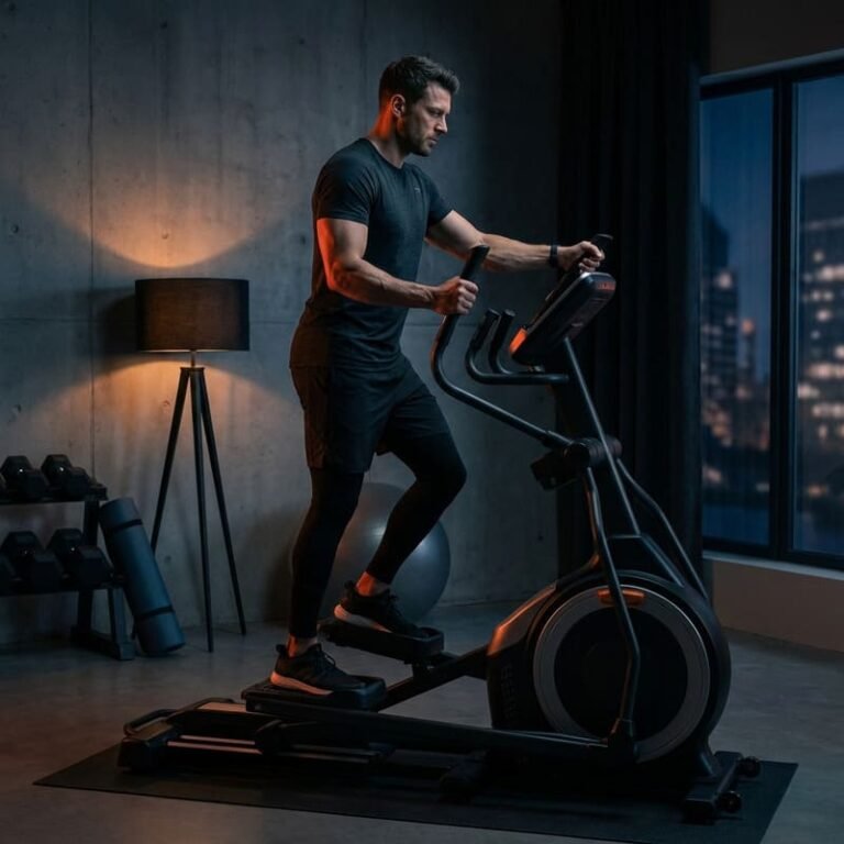 vyras sportuoja su elipsiniu treniruokliu namuose