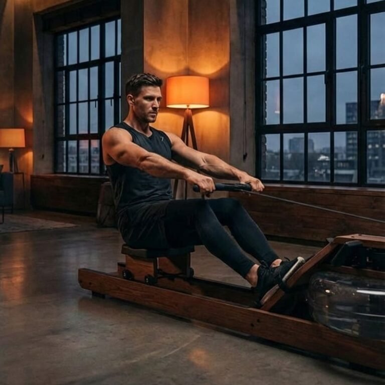 vyras treniruojasi su irklavimo treniruokliu namuose